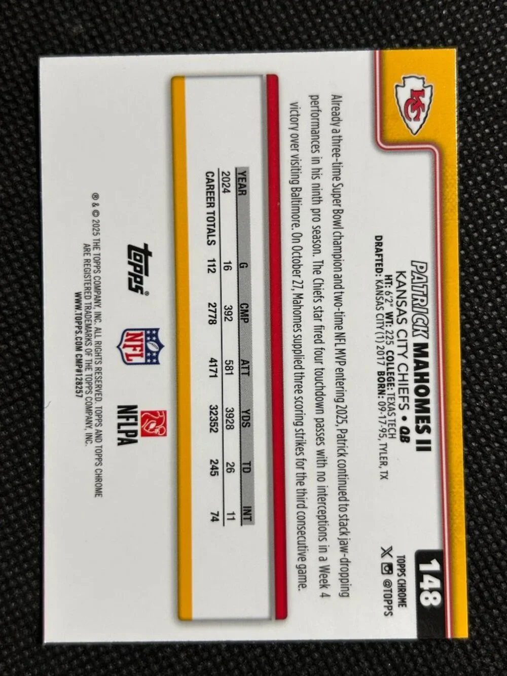 2025 Topps Chrome - Patrick Mahomes II #148 Pulsar Refractor Kansas City Chiefs - Picture 2 of 2